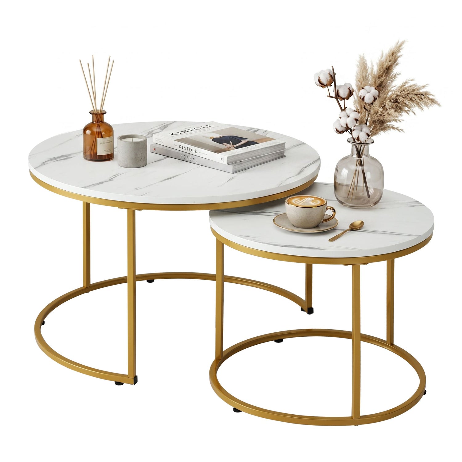 Artiss Nesting Coffee Table Set of 2 Round Marble Effect 70/50cm White &amp; Gold