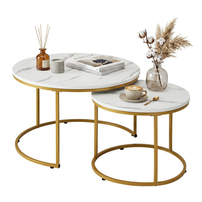 Artiss Nesting Coffee Table Set of 2 Round Marble Effect 70/50cm White &amp; Gold