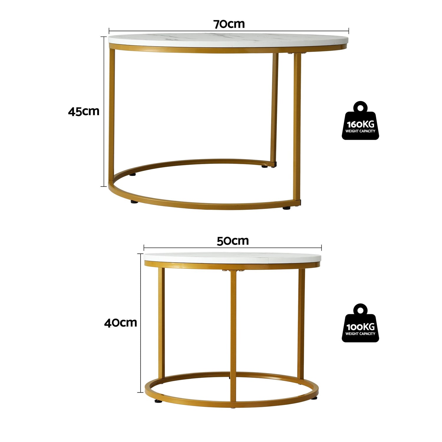 Artiss Nesting Coffee Table Set of 2 Round Marble Effect 70/50cm White &amp; Gold
