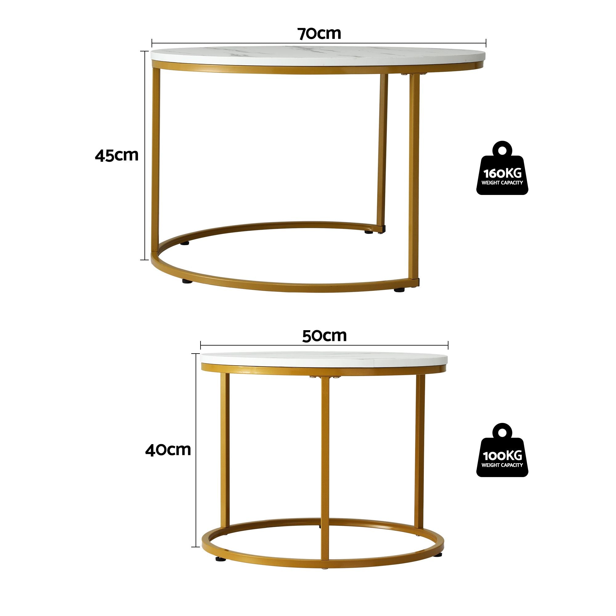 Artiss Nesting Coffee Table Set of 2 Round Marble Effect 70/50cm White &amp; Gold