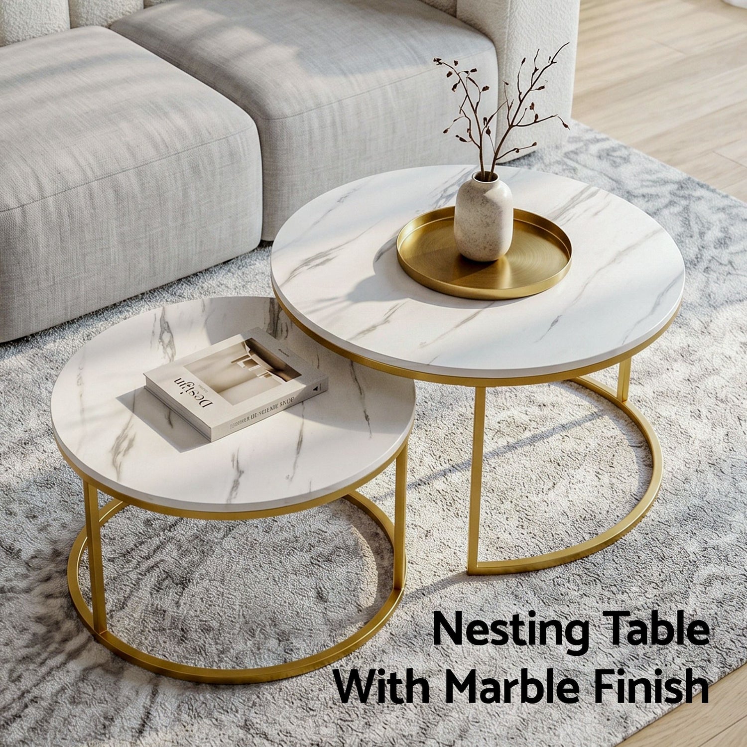 Artiss Nesting Coffee Table Set of 2 Round Marble Effect 70/50cm White &amp; Gold