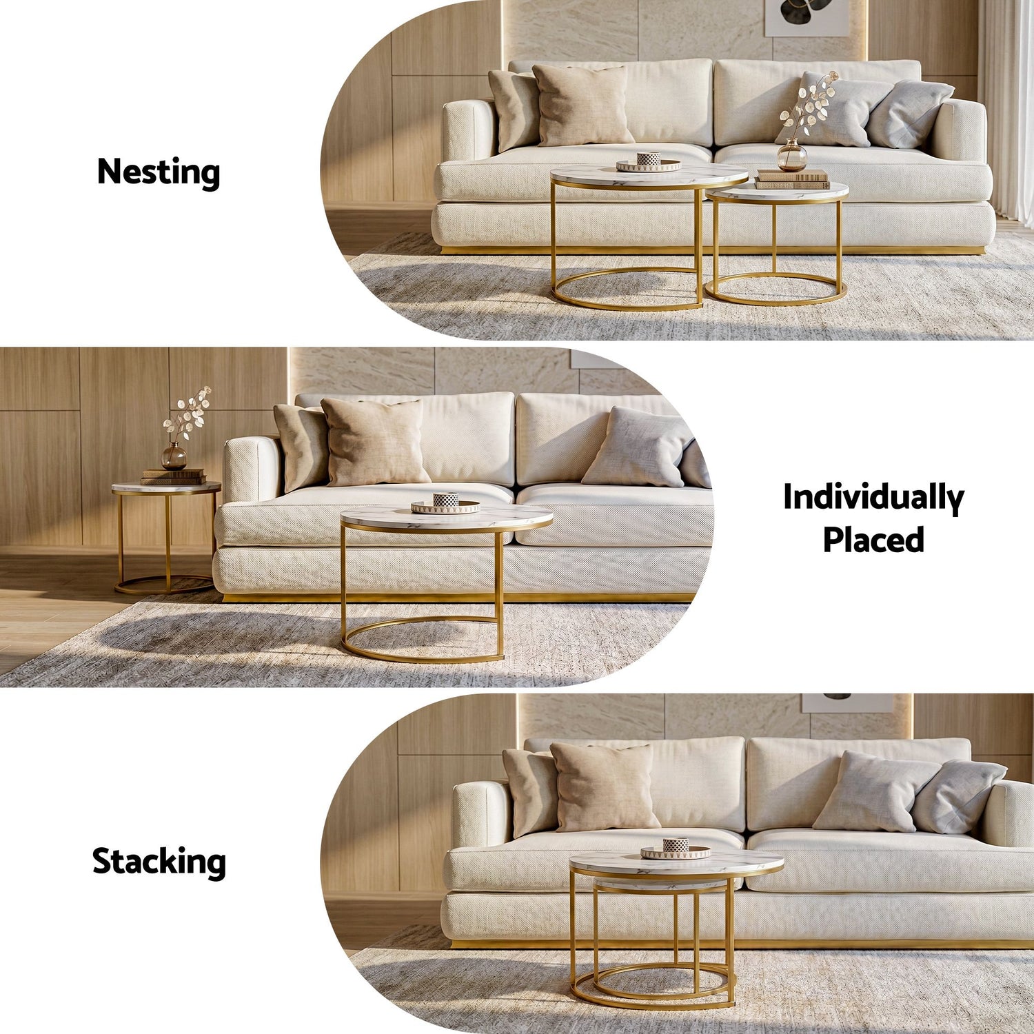 Artiss Nesting Coffee Table Set of 2 Round Marble Effect 70/50cm White &amp; Gold