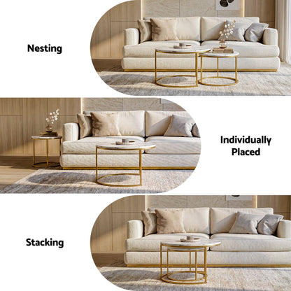 Artiss Nesting Coffee Table Set of 2 Round Marble Effect 70/50cm White &amp; Gold