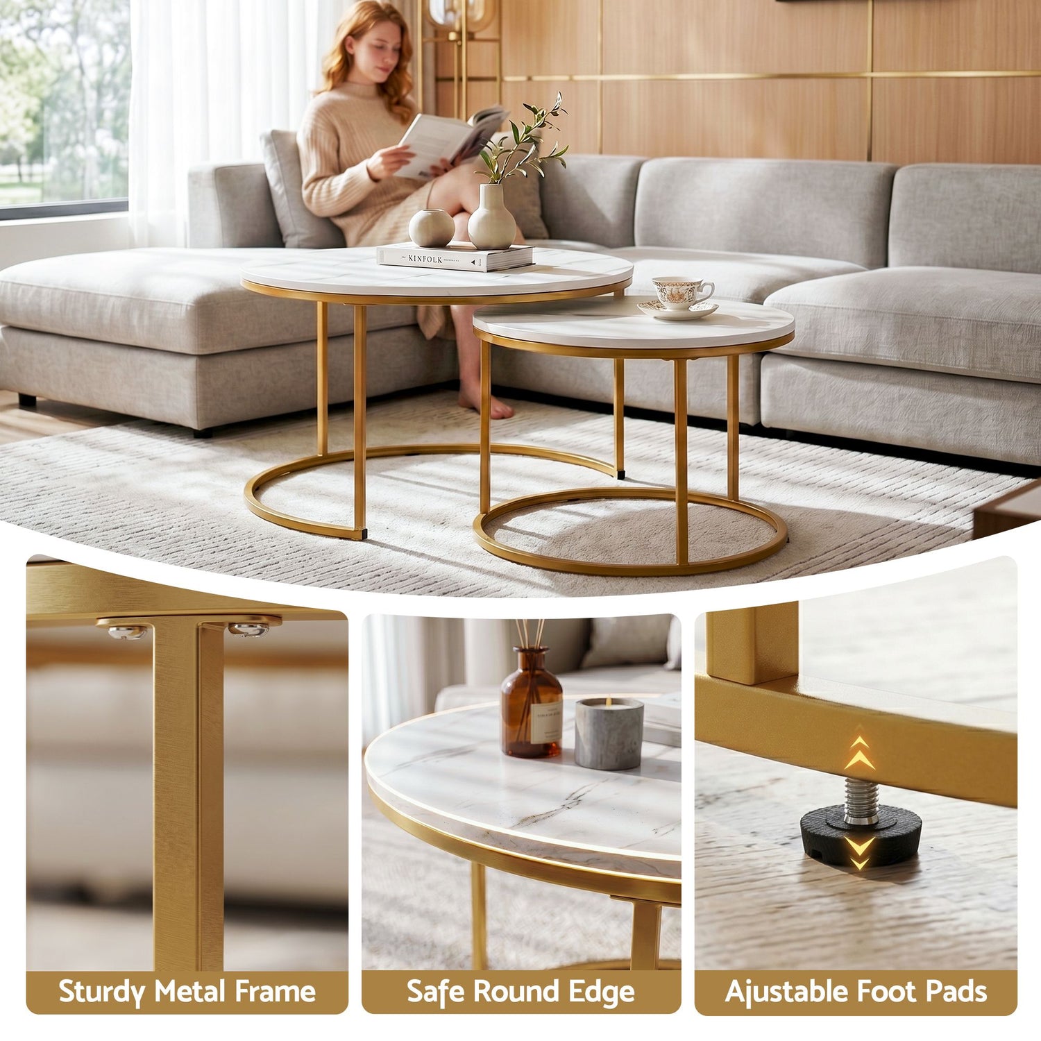 Artiss Nesting Coffee Table Set of 2 Round Marble Effect 70/50cm White &amp; Gold
