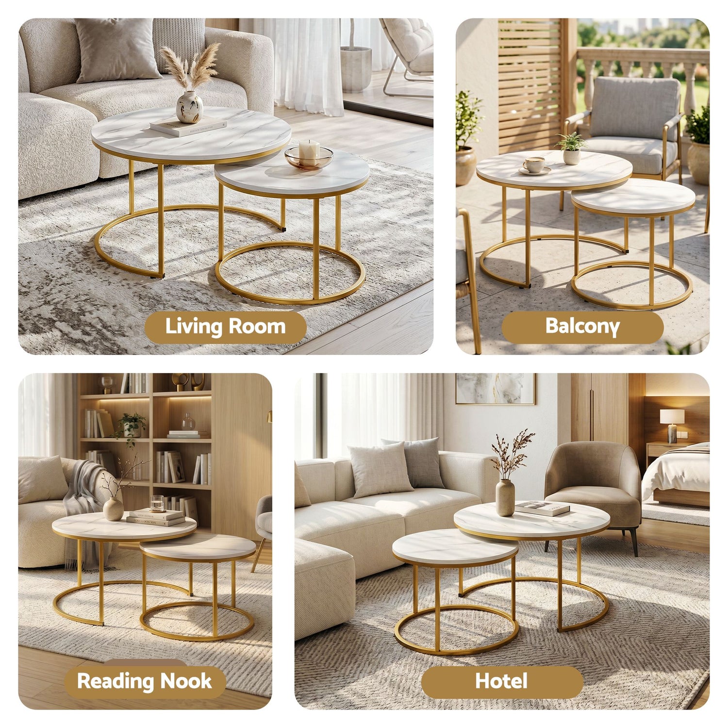 Artiss Nesting Coffee Table Set of 2 Round Marble Effect 70/50cm White &amp; Gold