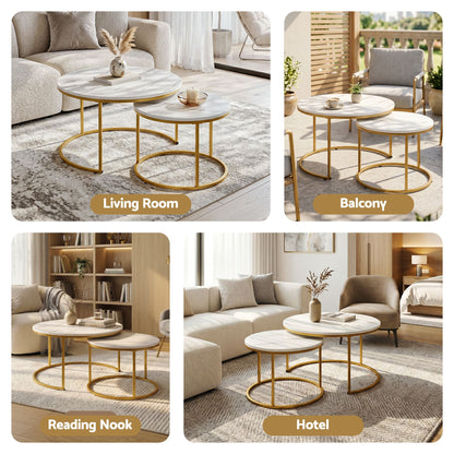 Artiss Nesting Coffee Table Set of 2 Round Marble Effect 70/50cm White &amp; Gold