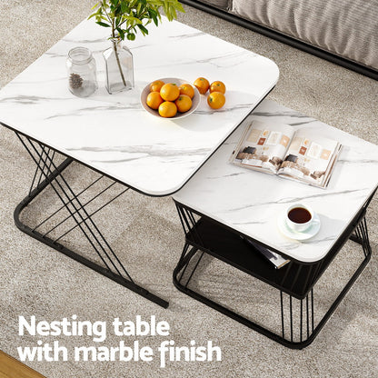 Artiss Nesting Coffee Table Set of 2 Marble Effect-Furniture &gt; Living Room &gt; Coffee Tables-PEROZ Accessories