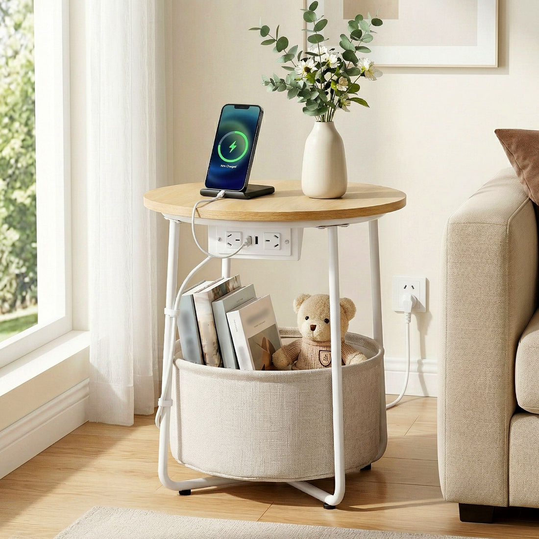Artiss Round Coffee Table Side End Table Charging Station Storage Basket-Furniture > Living Room > Coffee Tables-PEROZ Accessories