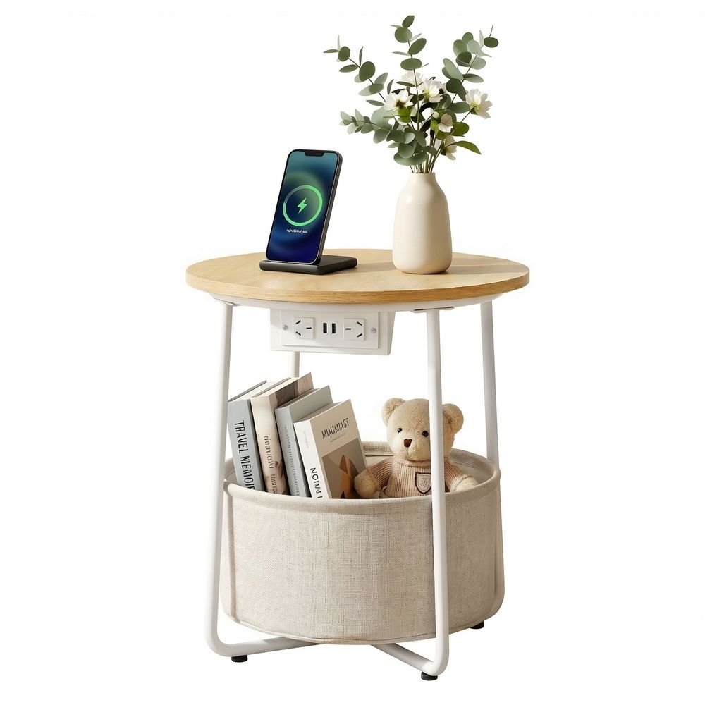 Artiss Round Coffee Table Side End Table Charging Station Storage Basket-Furniture > Living Room > Coffee Tables-PEROZ Accessories