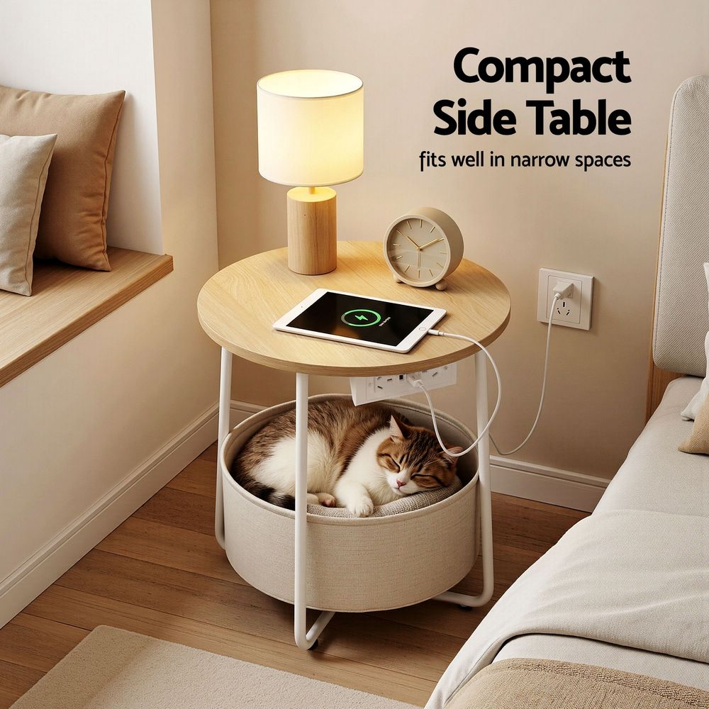 Artiss Round Coffee Table Side End Table Charging Station Storage Basket-Furniture > Living Room > Coffee Tables-PEROZ Accessories
