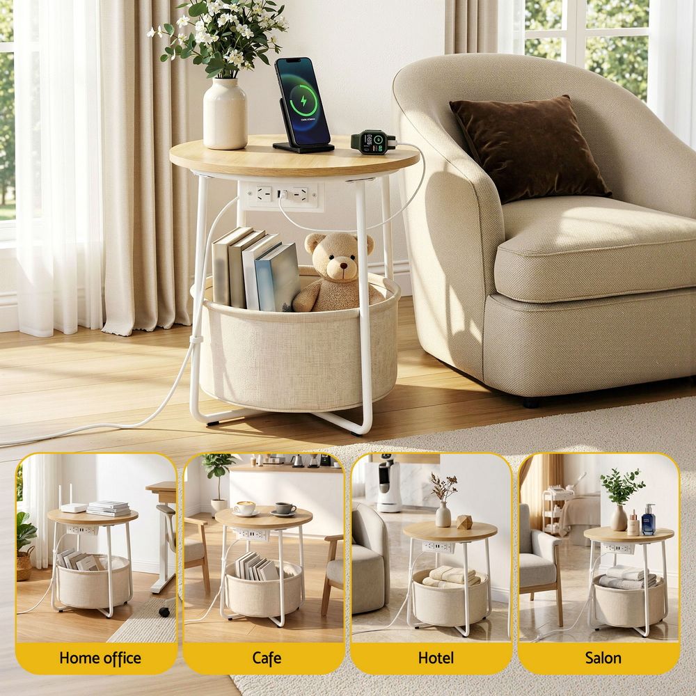 Artiss Round Coffee Table Side End Table Charging Station Storage Basket-Furniture > Living Room > Coffee Tables-PEROZ Accessories