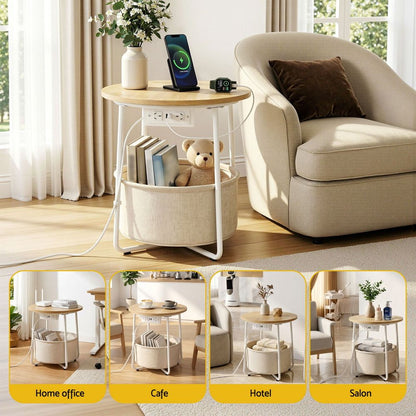Artiss Round Coffee Table Side End Table Charging Station Storage Basket-Furniture > Living Room > Coffee Tables-PEROZ Accessories