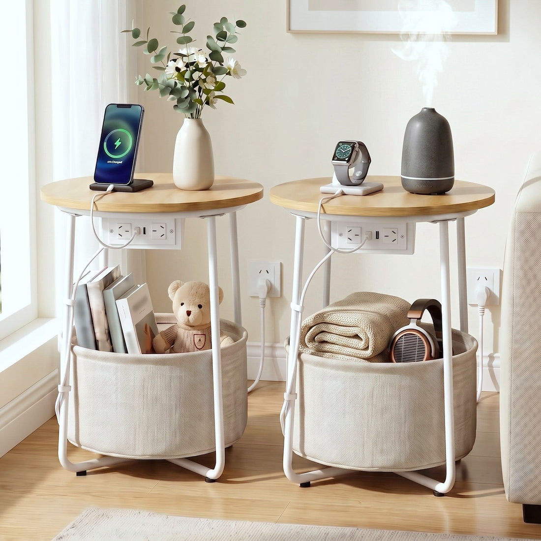 Artiss Set of 2 Round Coffee Table Bedside Side End Table Charging Station Storage Basket-Furniture > Living Room > Coffee Tables-PEROZ Accessories