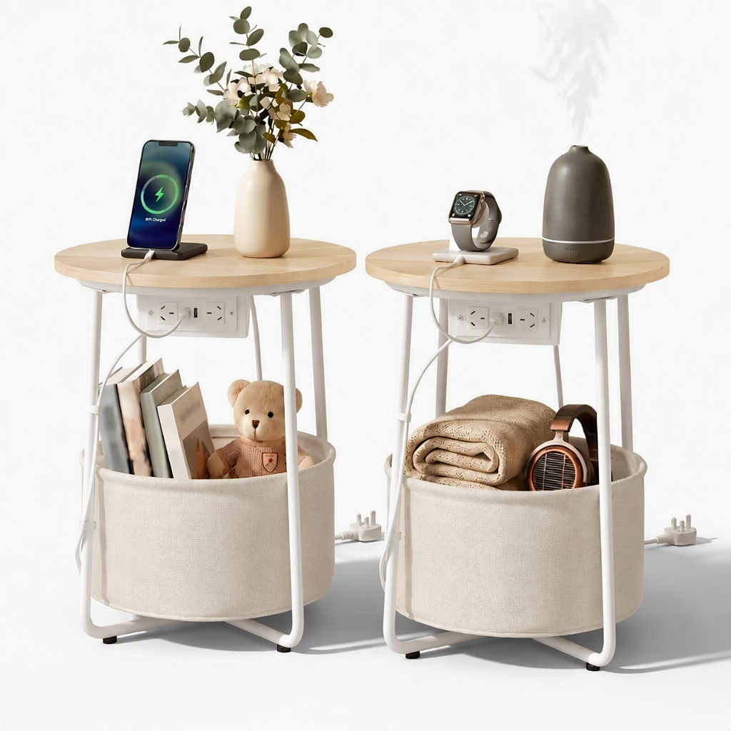 Artiss Set of 2 Round Coffee Table Bedside Side End Table Charging Station Storage Basket-Furniture > Living Room > Coffee Tables-PEROZ Accessories