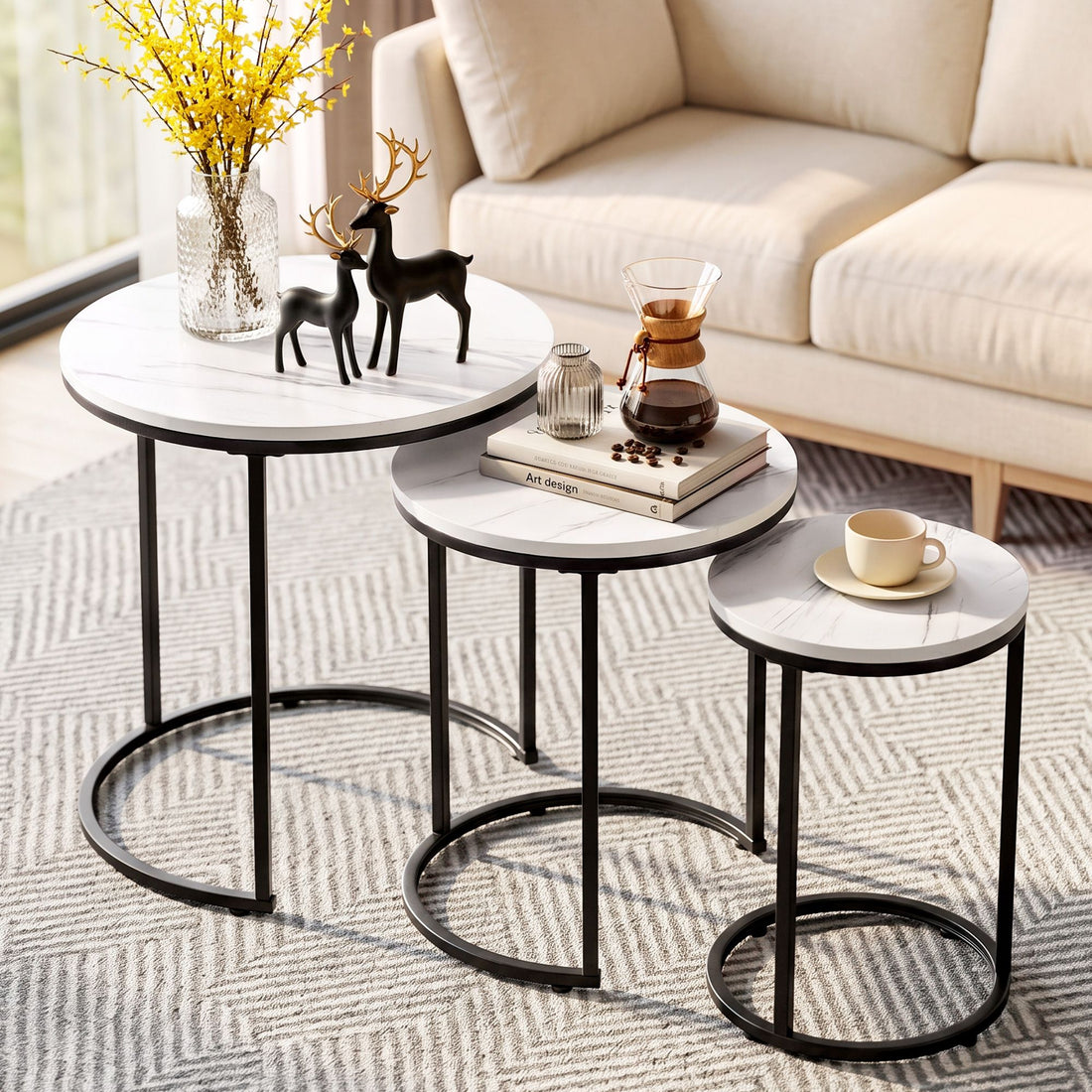Artiss Nesting Coffee Table Set of 3 Round Stackable Side End Tables Marble Finish White-Furniture > Living Room > Coffee Tables-PEROZ Accessories