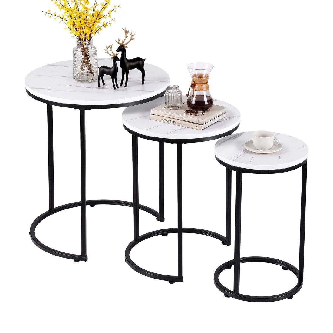 Artiss Nesting Coffee Table Set of 3 Round Stackable Side End Tables Marble Finish White-Furniture > Living Room > Coffee Tables-PEROZ Accessories
