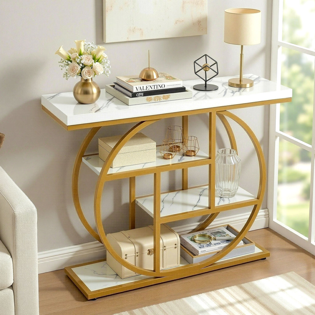 Artiss Console Table Marble Effect 4-Tier Shelves 105CM White&amp;Gold-Furniture > Living Room > Side Tables-PEROZ Accessories