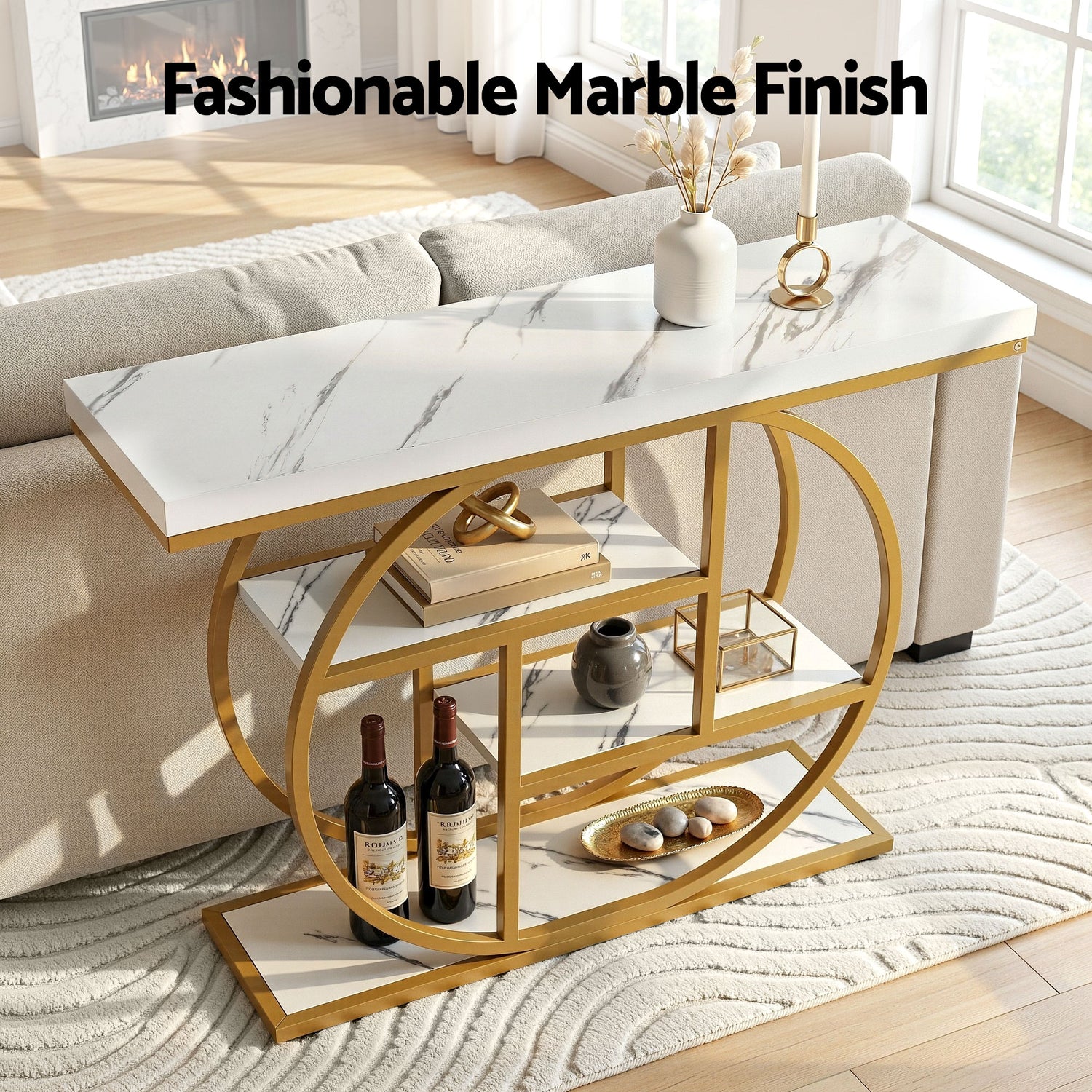 Artiss Console Table Marble Effect 4-Tier Shelves 105CM White&amp;Gold-Furniture > Living Room > Side Tables-PEROZ Accessories