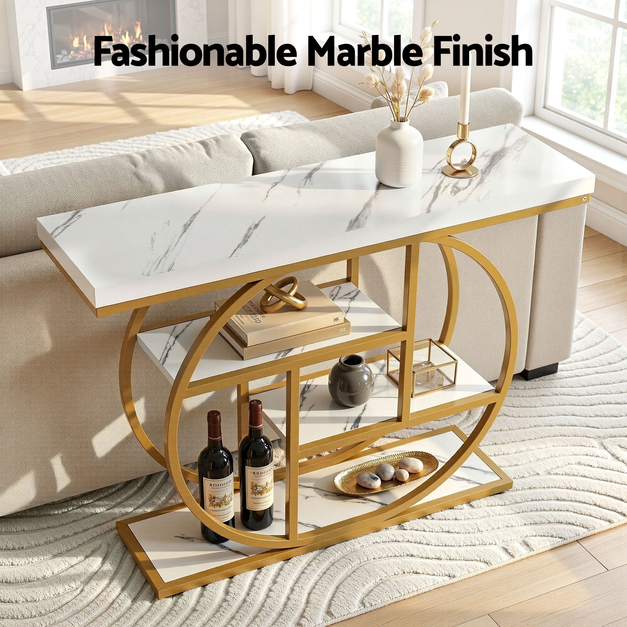 Artiss Console Table Marble Effect 4-Tier Shelves 105CM White&amp;Gold-Furniture > Living Room > Side Tables-PEROZ Accessories