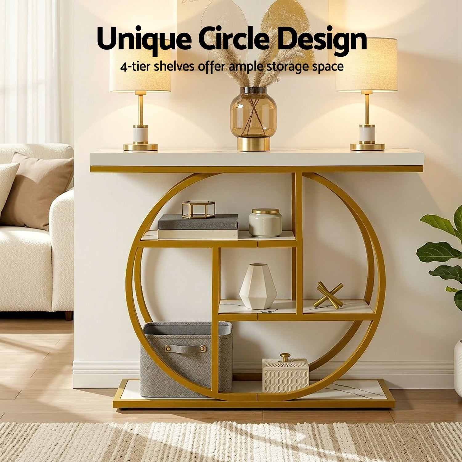Artiss Console Table Marble Effect 4-Tier Shelves 105CM White&amp;Gold-Furniture > Living Room > Side Tables-PEROZ Accessories