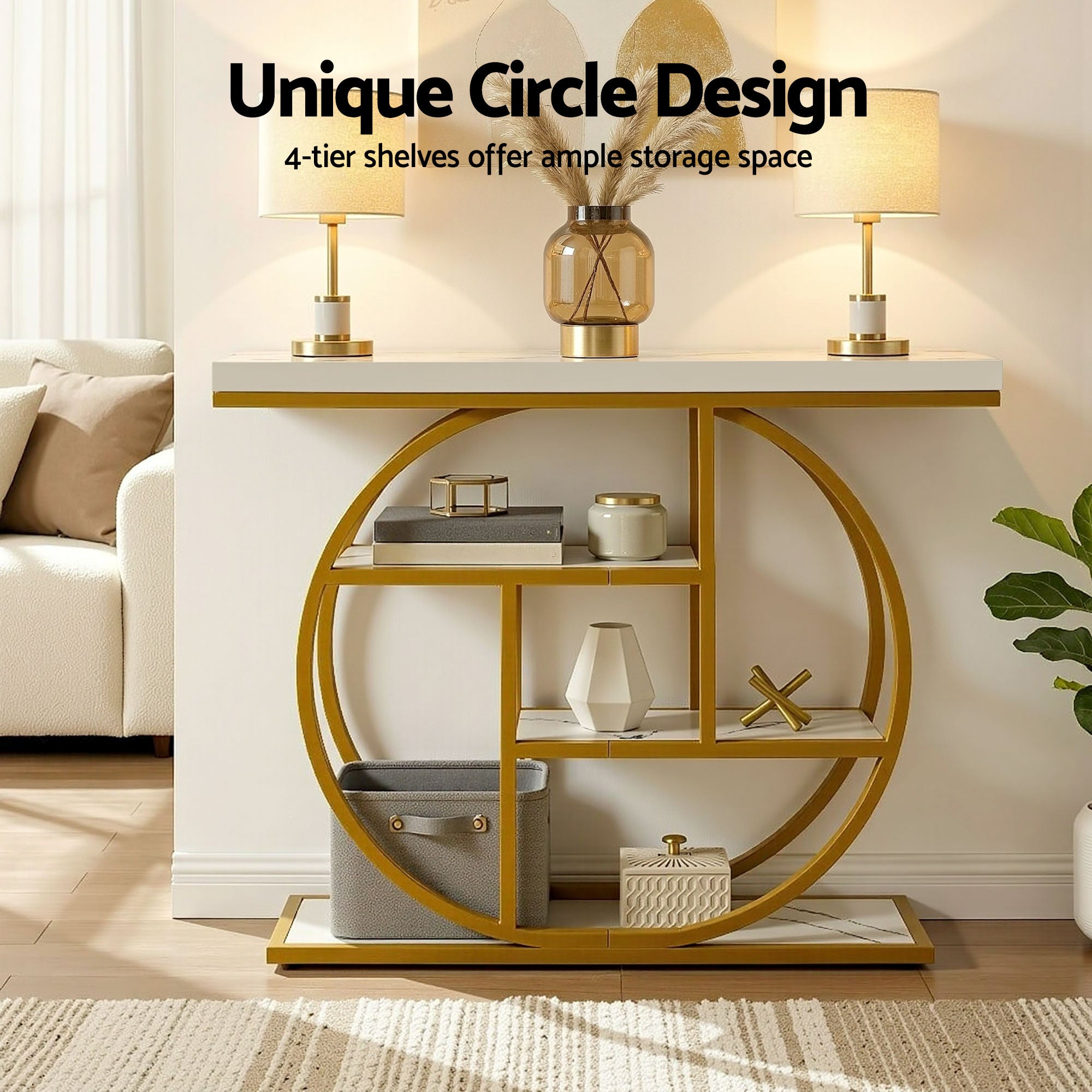 Artiss Console Table Marble Effect 4-Tier Shelves 105CM White&amp;Gold-Furniture > Living Room > Side Tables-PEROZ Accessories