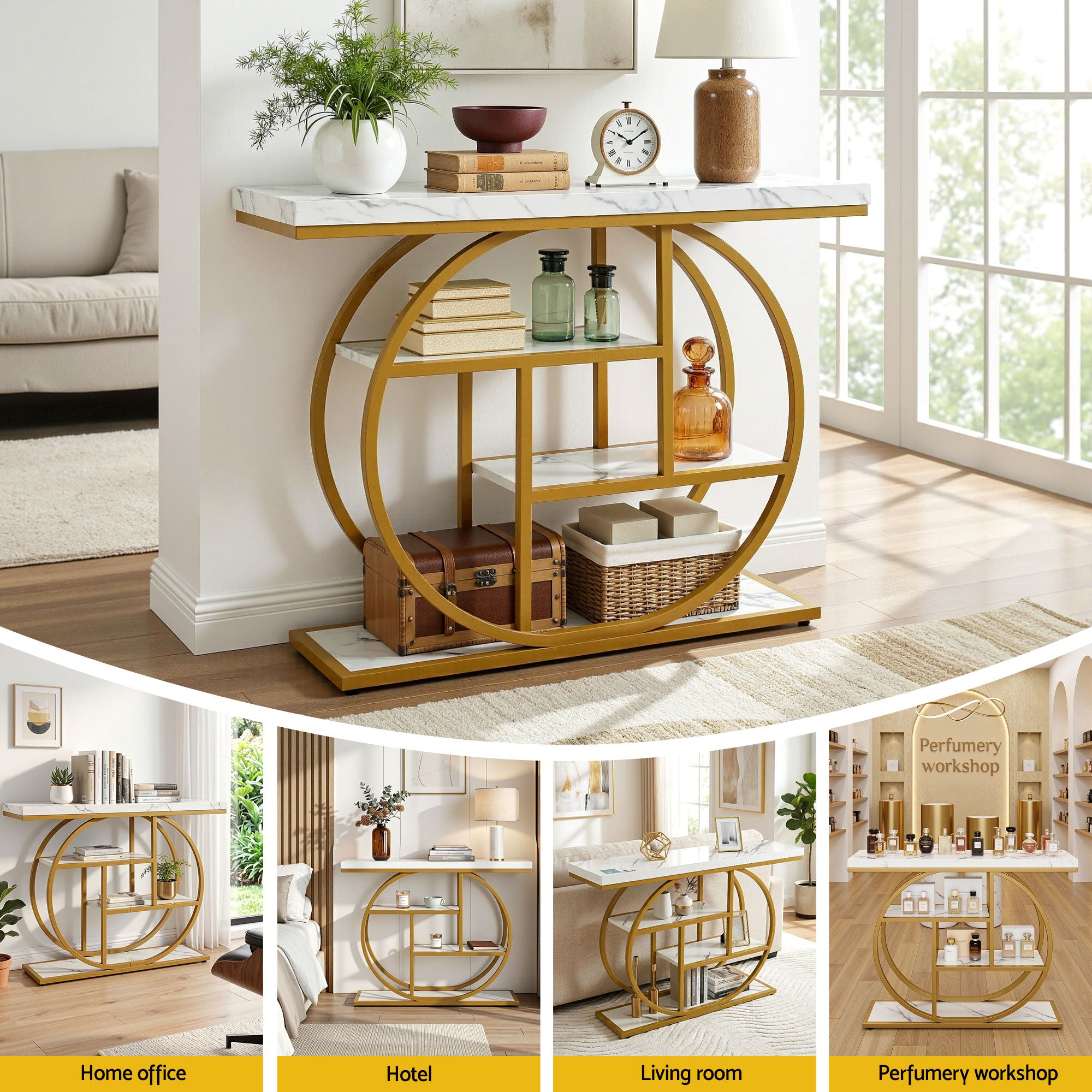 Artiss Console Table Marble Effect 4-Tier Shelves 105CM White&amp;Gold-Furniture > Living Room > Side Tables-PEROZ Accessories