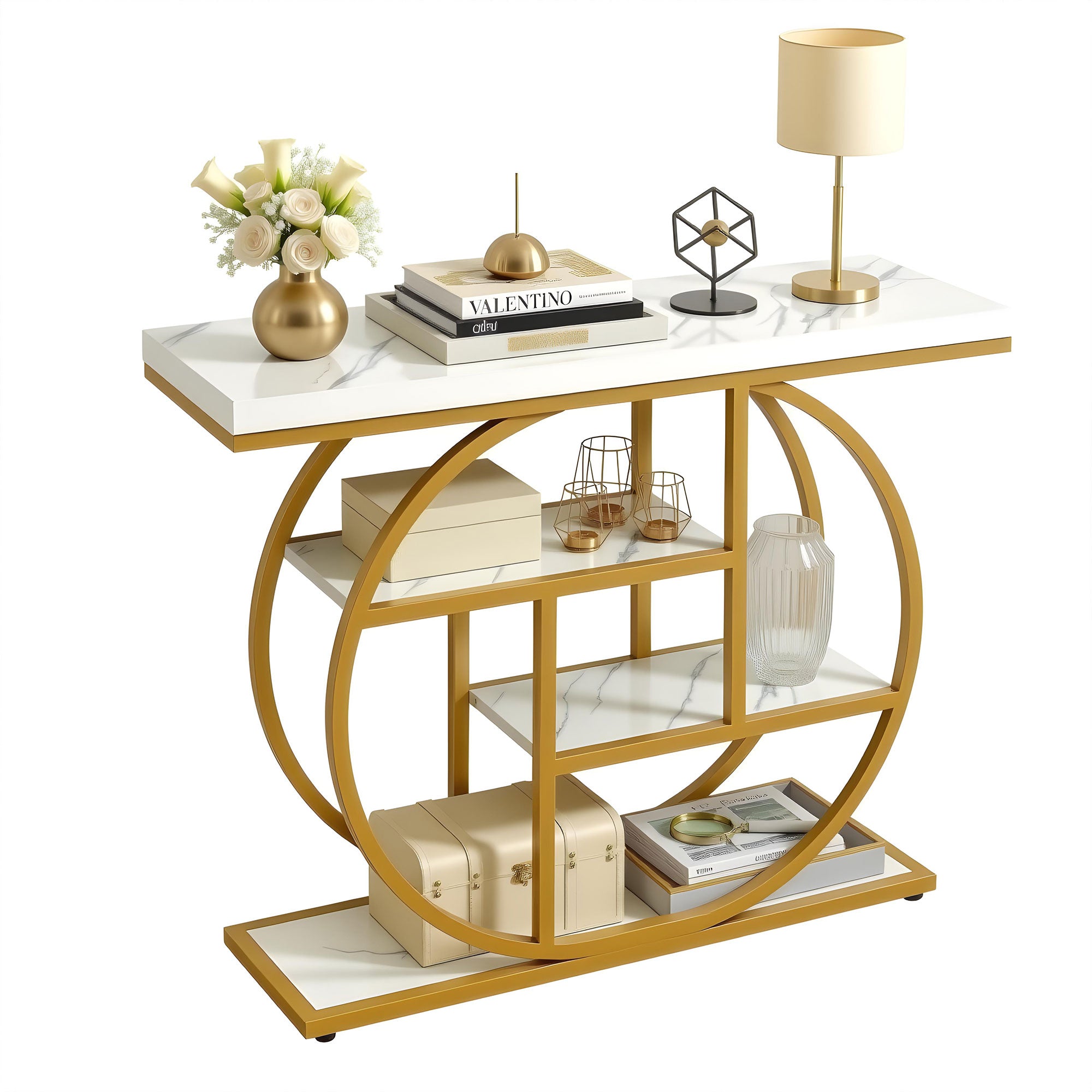 Artiss Console Table Marble Effect 4-Tier Shelves 105CM White&amp;Gold-Furniture > Living Room > Side Tables-PEROZ Accessories