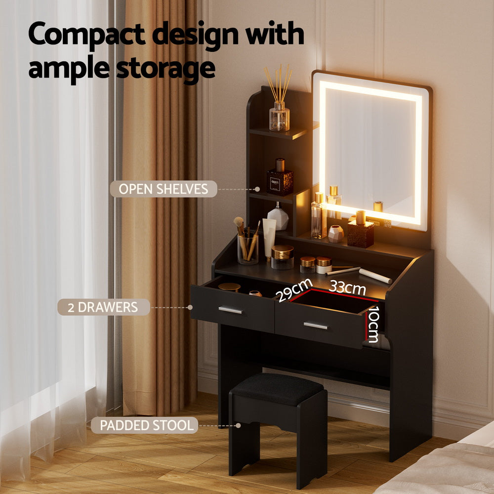 Artiss Dressing Table Set Stool Led Black-Furniture &gt; Bedroom &gt; Dressing Vanity &amp; Dressing Tables-PEROZ Accessories