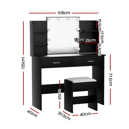 Artiss Dressing Table Set Stool 10 Led Bulbs Black Dulcea-Furniture &gt; Bedroom-PEROZ Accessories