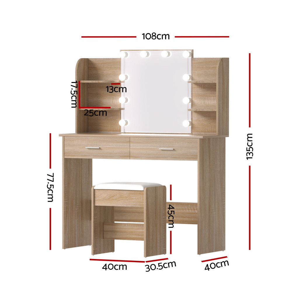 Artiss Dressing Table Set Stool 10 Led Bulbs Wood-Furniture &gt; Bedroom &gt; Dressing Vanity &amp; Dressing Tables-PEROZ Accessories