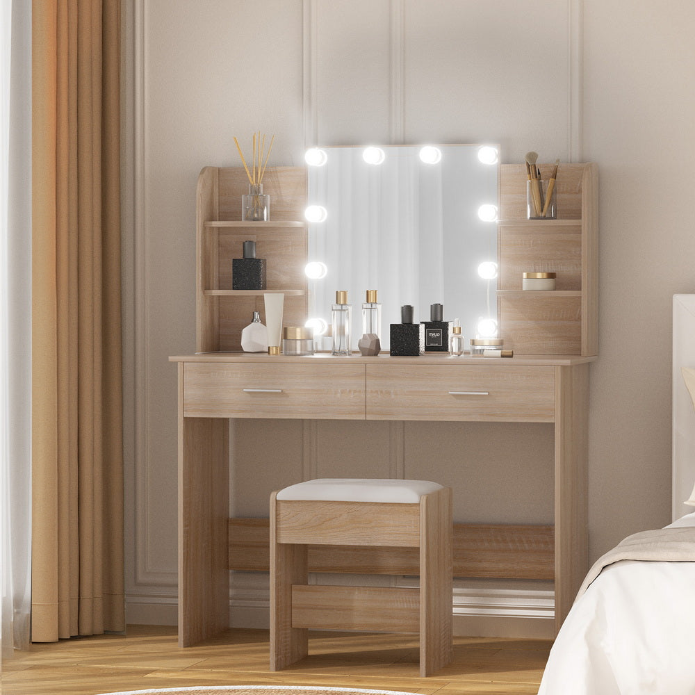 Artiss Dressing Table Set Stool 10 Led Bulbs Wood-Furniture &gt; Bedroom &gt; Dressing Vanity &amp; Dressing Tables-PEROZ Accessories