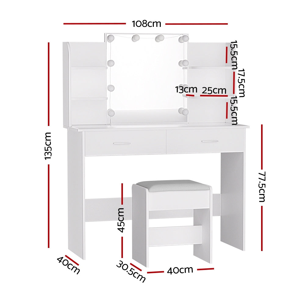 Artiss Dressing Table Set Stool 10 Led Bulbs White Dulcea-Furniture &gt; Bedroom-PEROZ Accessories