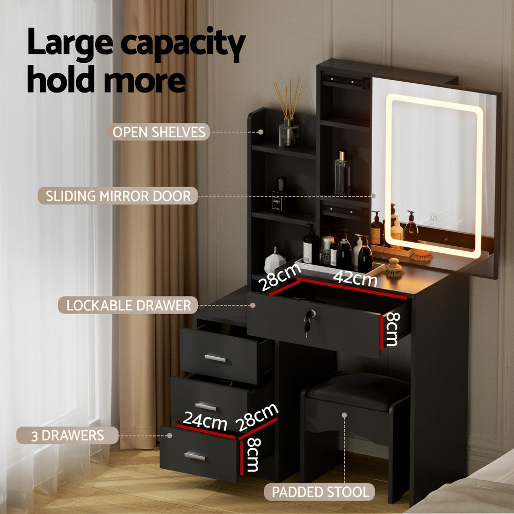 Artiss Dressing Table Vanity Desk Set Stool Led Black-Furniture &gt; Bedroom &gt; Dressing Vanity &amp; Dressing Tables-PEROZ Accessories