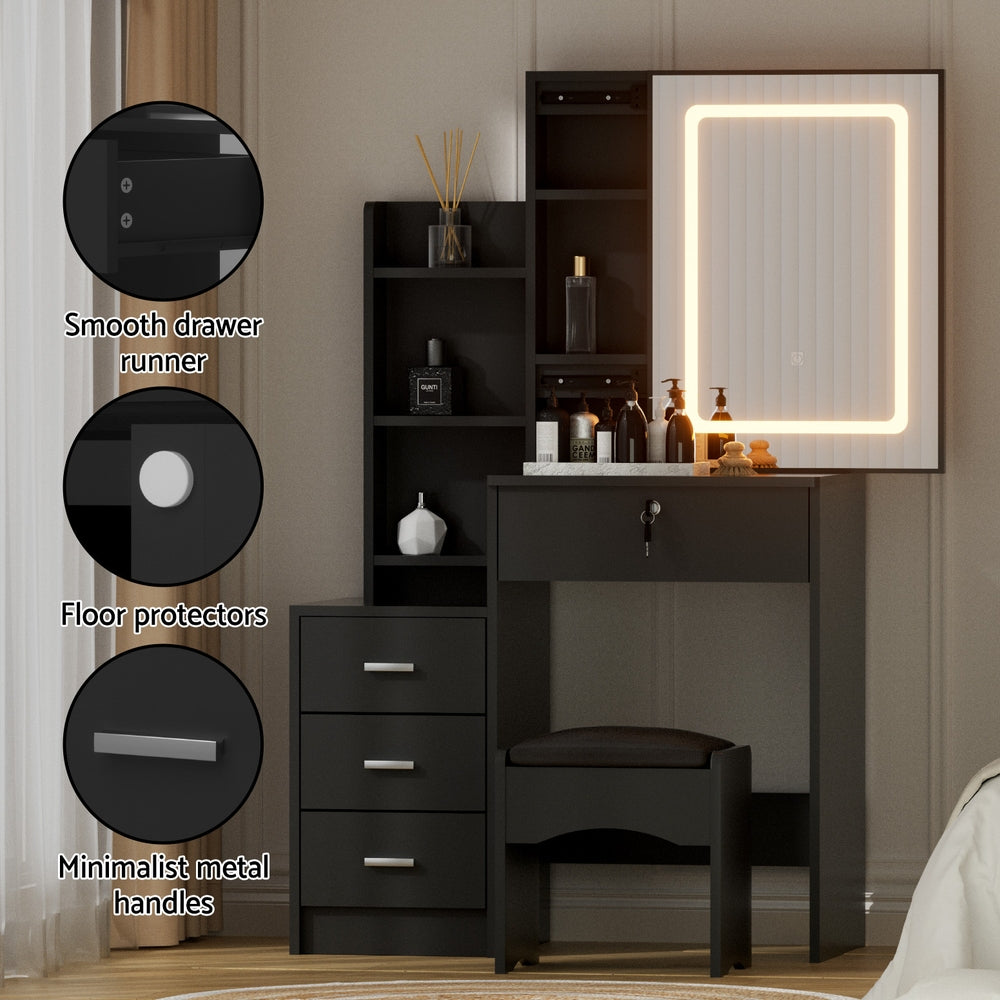 Artiss Dressing Table Vanity Desk Set Stool Led Black-Furniture &gt; Bedroom &gt; Dressing Vanity &amp; Dressing Tables-PEROZ Accessories