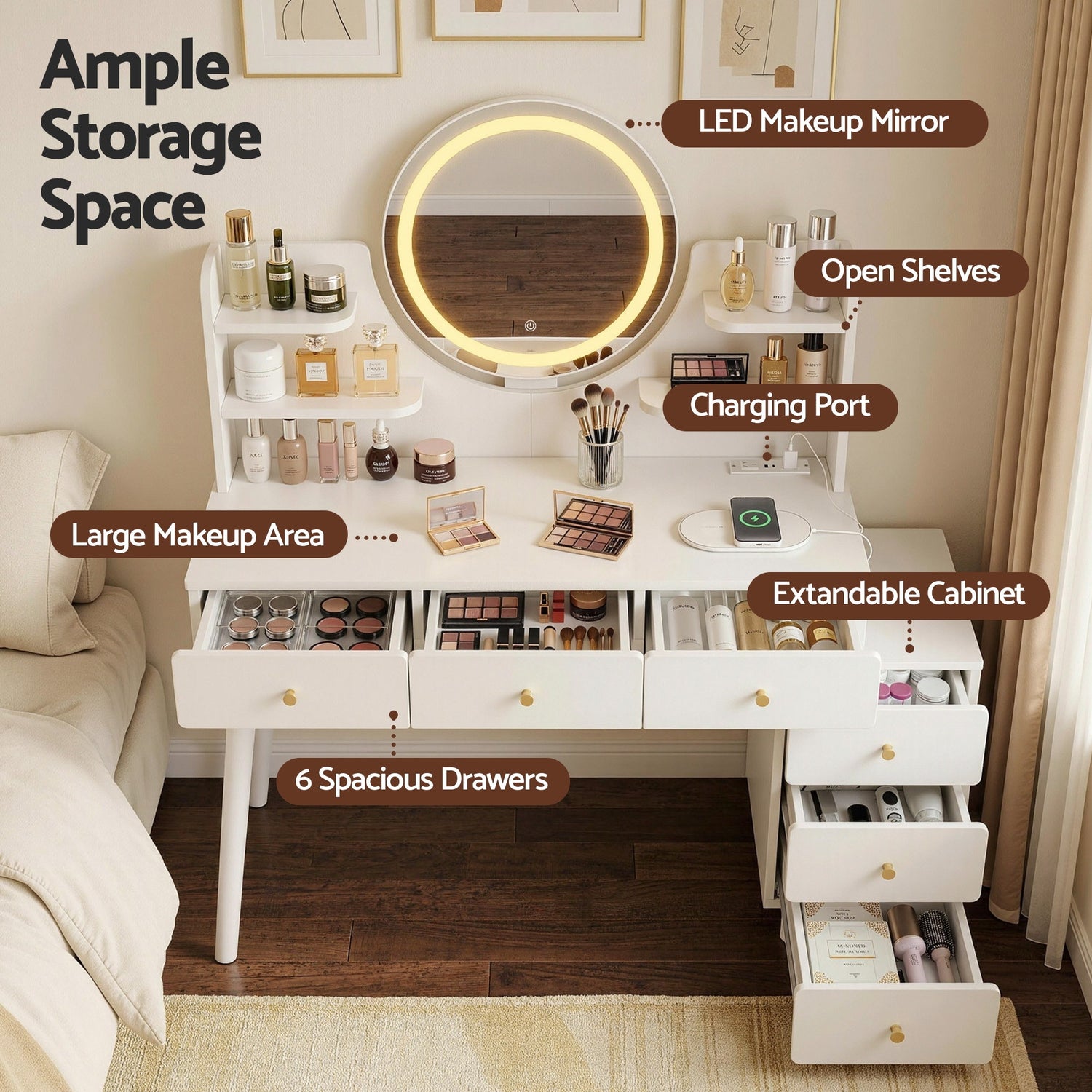 Artiss Dressing Table Vanity Desk LED Charging Station White-Furniture > Bedroom > Dressing Vanity &amp; Dressing Tables-PEROZ Accessories
