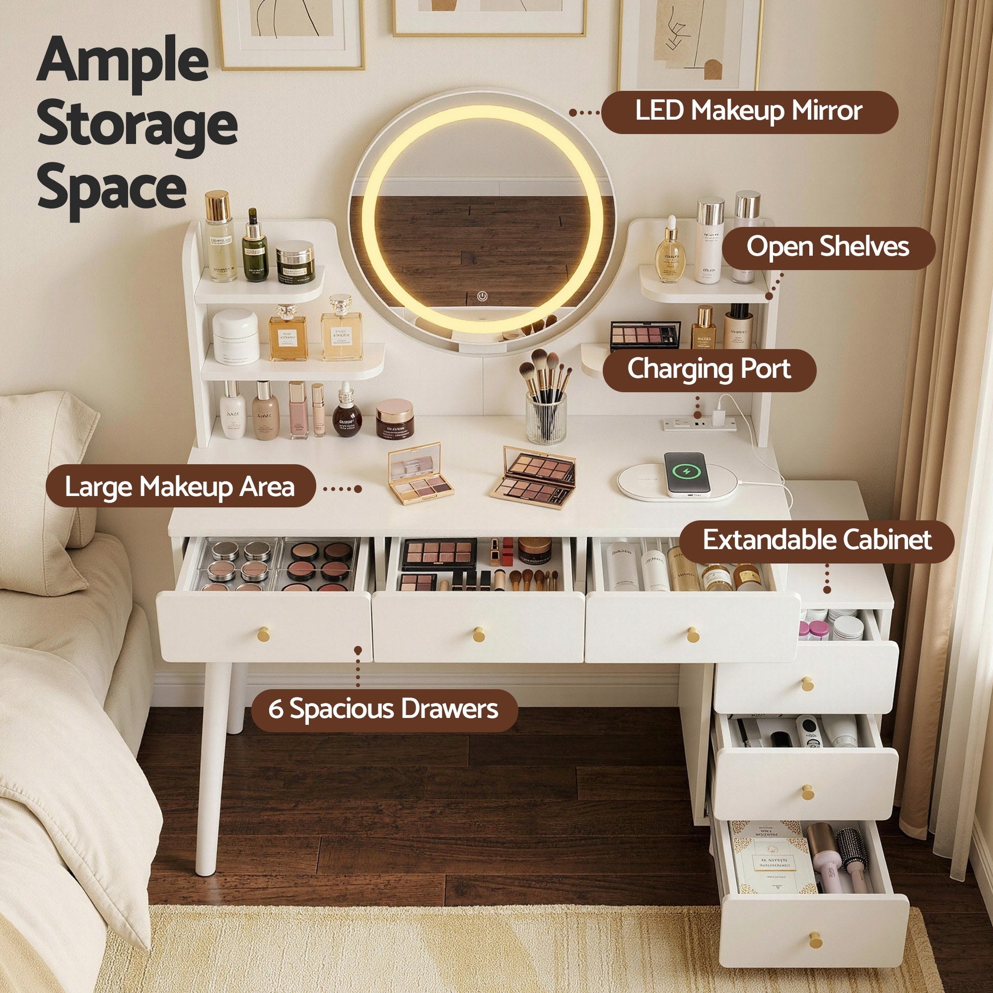 Artiss Dressing Table Vanity Desk LED Charging Station White-Furniture > Bedroom > Dressing Vanity &amp; Dressing Tables-PEROZ Accessories