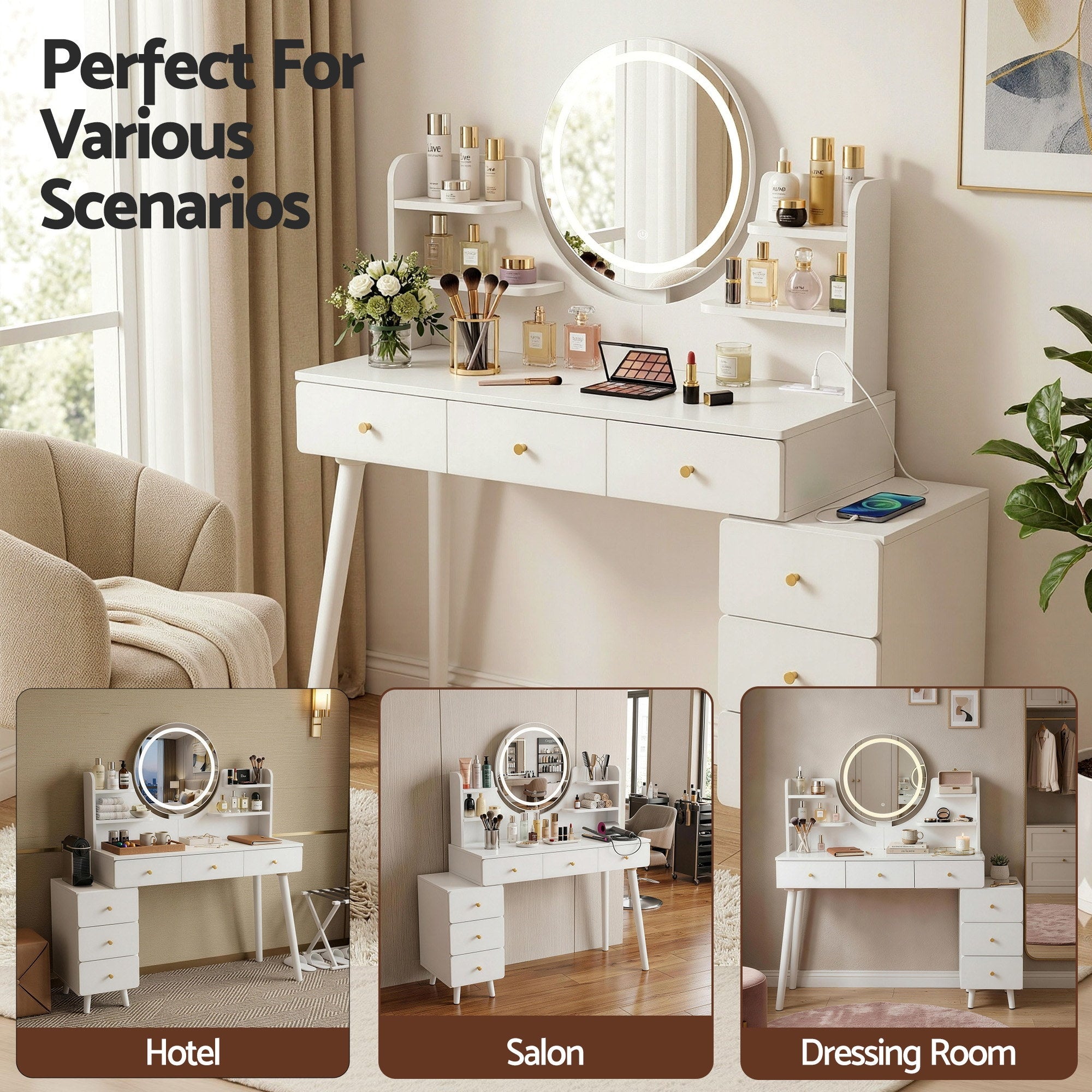 Artiss Dressing Table Vanity Desk LED Charging Station White-Furniture > Bedroom > Dressing Vanity &amp; Dressing Tables-PEROZ Accessories