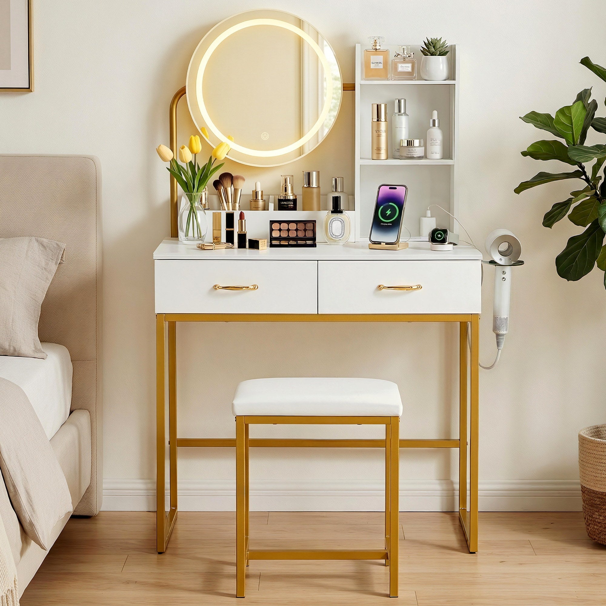 Artiss Dressing Table Vanity Desk Set Stool LED Charging Station White-Furniture > Bedroom > Dressing Vanity &amp; Dressing Tables-PEROZ Accessories