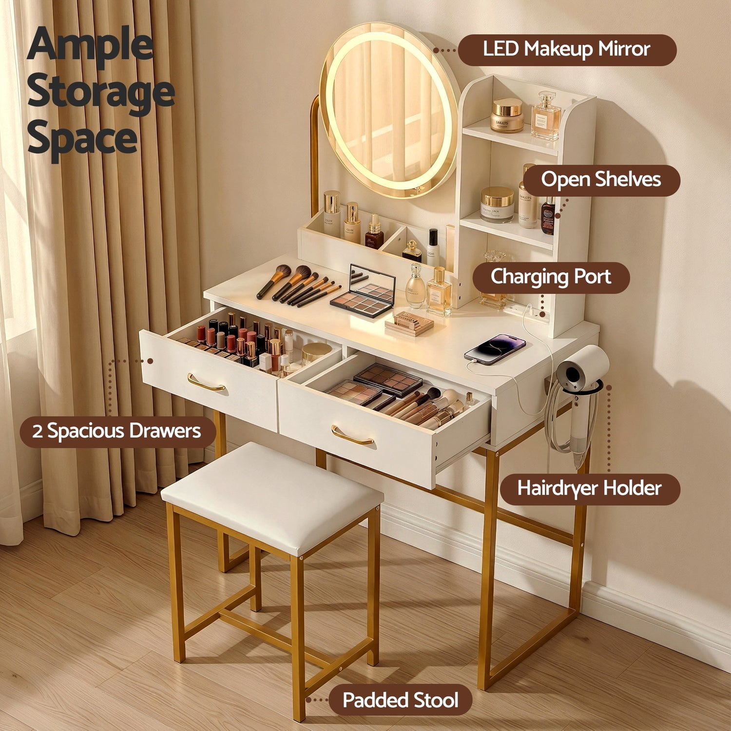 Artiss Dressing Table Vanity Desk Set Stool LED Charging Station White-Furniture > Bedroom > Dressing Vanity &amp; Dressing Tables-PEROZ Accessories