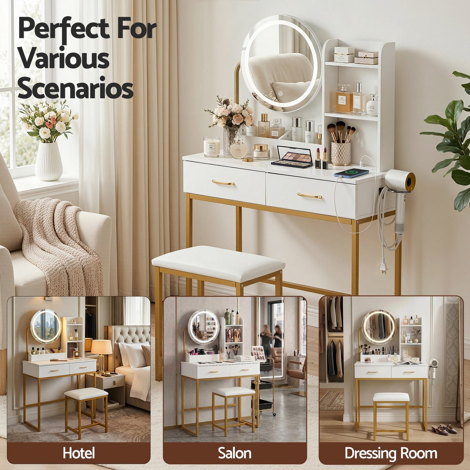 Artiss Dressing Table Vanity Desk Set Stool LED Charging Station White-Furniture > Bedroom > Dressing Vanity &amp; Dressing Tables-PEROZ Accessories