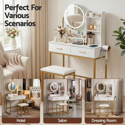 Artiss Dressing Table Vanity Desk Set Stool LED Charging Station White-Furniture > Bedroom > Dressing Vanity &amp; Dressing Tables-PEROZ Accessories