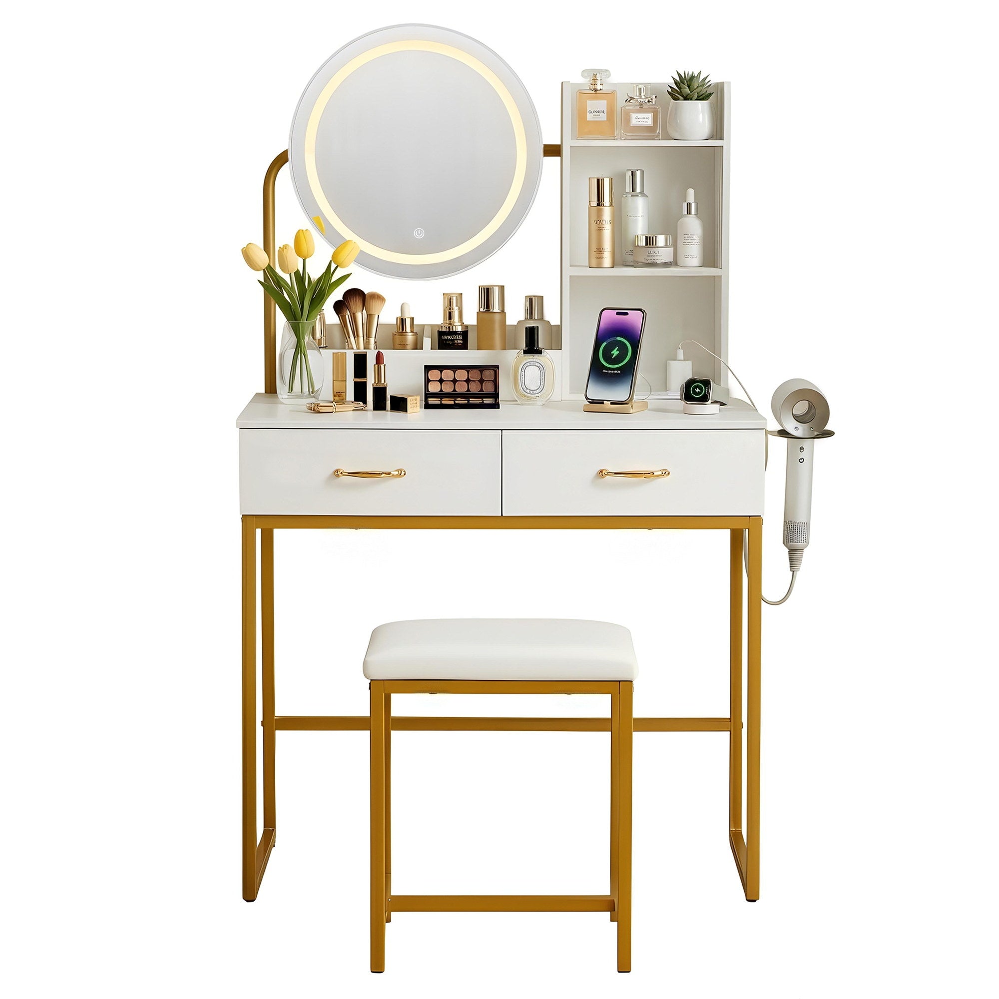 Artiss Dressing Table Vanity Desk Set Stool LED Charging Station White-Furniture > Bedroom > Dressing Vanity &amp; Dressing Tables-PEROZ Accessories