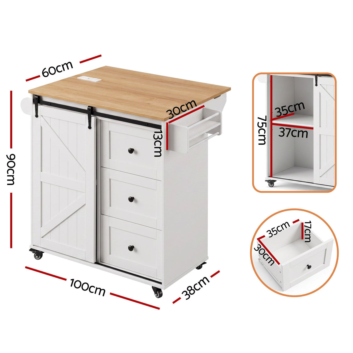Artiss Kitchen Island Trolley Rolling Serving Cart Storage Drawer Cabinet 100cm-Furniture > Dining > Kitchen &amp; Dining Trolleys-PEROZ Accessories
