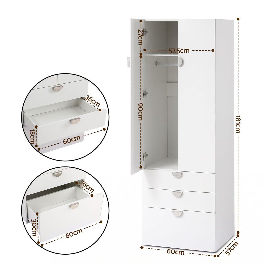 Artiss Wardrobe Cabinet Bedroom Clothes Storage Organiser Cupboard 3 Drawers Shelf Hanging Rod-Home &amp; Garden > Storage > Clothing &amp; Wardrobe Storage-PEROZ Accessories