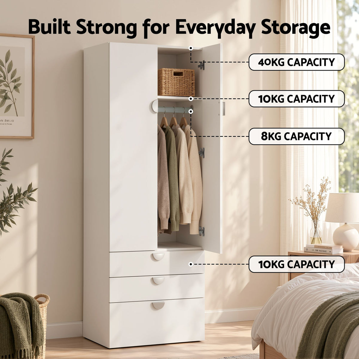 Artiss Wardrobe Cabinet Bedroom Clothes Storage Organiser Cupboard 3 Drawers Shelf Hanging Rod