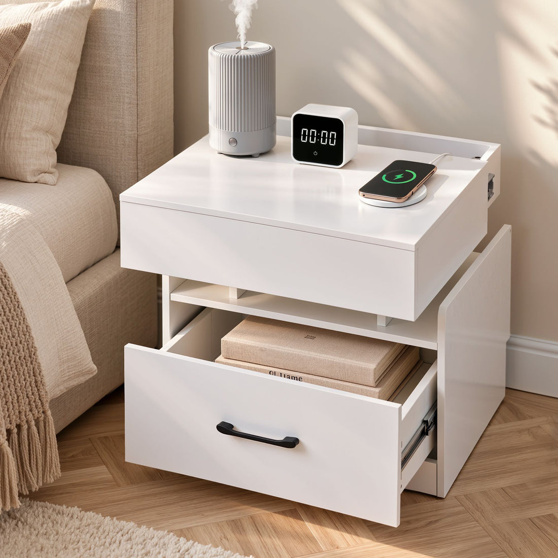 Artiss Bedside Table with Charging Station Drawer Sliding Top Nightstand White-Furniture > Bedroom > Bedside Tables-PEROZ Accessories