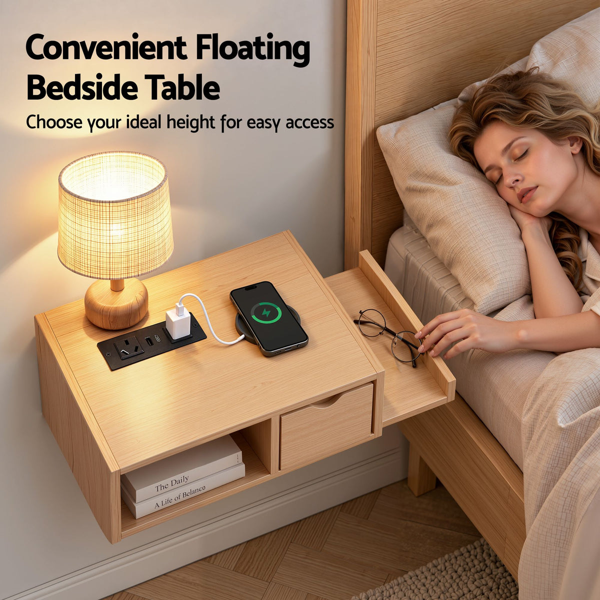 Artiss Floating Bedside Table with Charging Station Drawer Wall Mounted Oak