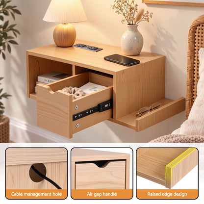 Artiss Floating Bedside Table with Charging Station Drawer Wall Mounted Oak