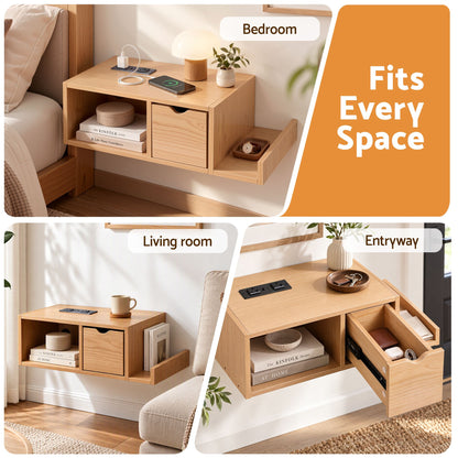 Artiss Floating Bedside Table with Charging Station Drawer Wall Mounted Oak