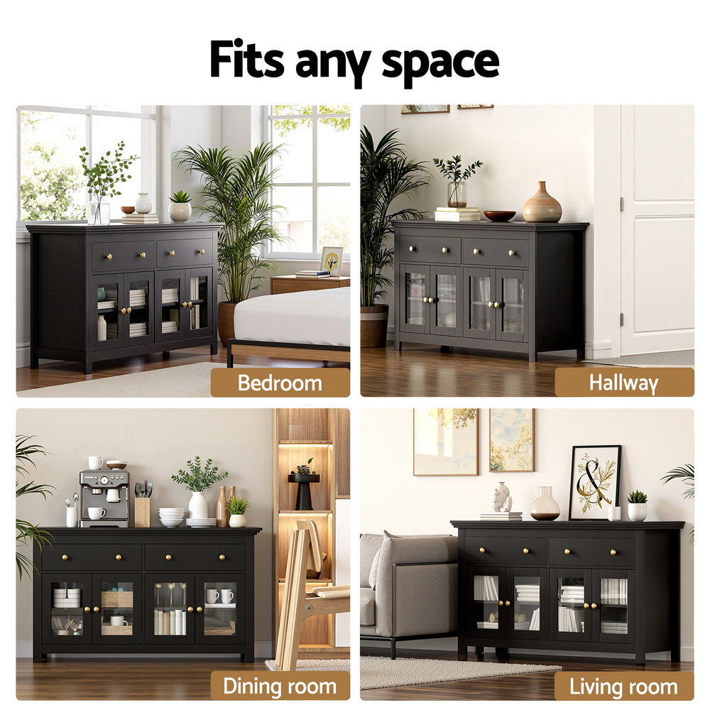 Artiss Buffet Sideboard Storage Cabinet Kitchen Cupboard Clear Door Drawer Black-Furniture > Dining > Buffets &amp; Sideboards-PEROZ Accessories
